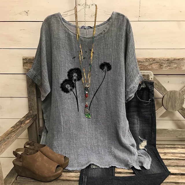 Qiopertar T-Shirts Imprimés Mode pour Femmes Col Rond Manches Courtes Raglan T-Shirt Ample en Coton Lin Blouses Grandes Économies de Vacances! Liquidation Moins de 5$ Livraison Gratuite