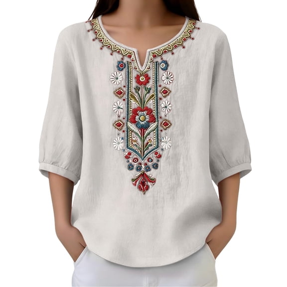Linen Tops for Women Summer V Neck Floral Embroidered 3/4 Sleeve Bohos Cotton Linen T Shirts Women's Casual Solid Lightweight Comfy Short Sleeve Shirt