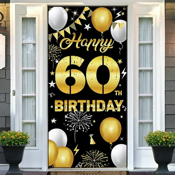 Happy 60th Birthday Decorations for Men & Women – Black Gold 60th Birthday Banner Backdrop, Fabric Yard Sign, Photo Props for Indoor Outdoor Party