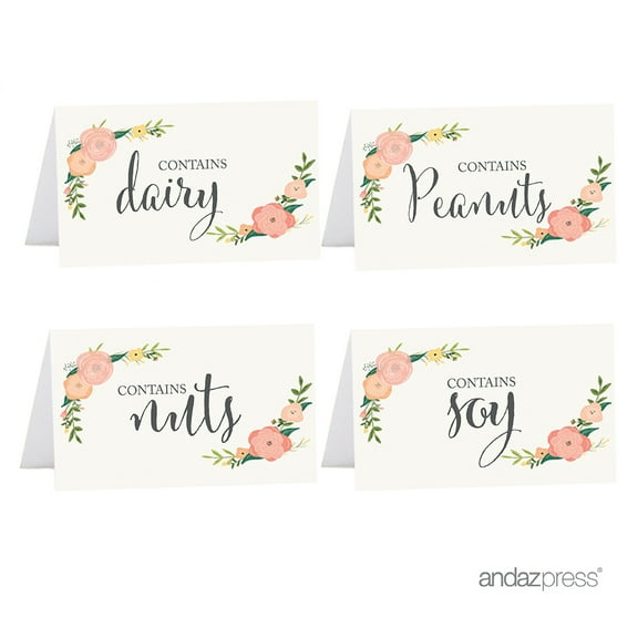 Diary, Peanuts, Nuts, Soy  Food Station Buffet Menu Place Cards, Floral Roses, 20-Pack