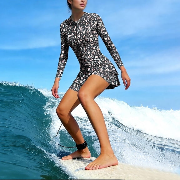 HOMBOM Womens Long Sleeve Rash Guard Swimsuit Swim Dress with Boyshorts Two Piece Floral Surfing Vacation Swimwear for Ladies Modest