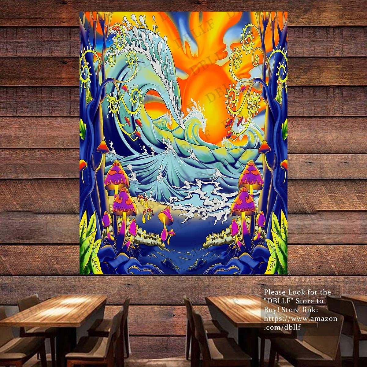CPDD Psychedelic Mushroom Tree Tapestry Hippie Ocean Wave Tapestry 30X40 Inches Flannel Art Tapestries Trippy Fantasy Great Wave with Sunset