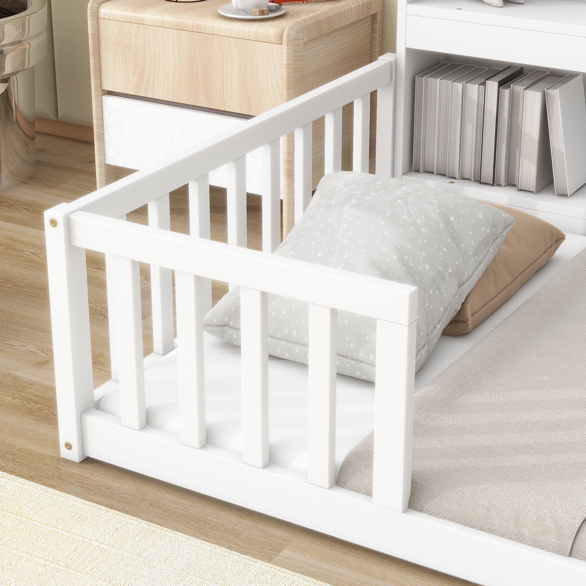 Yoneston Kids Twin Size Floor Bed Frame with Bedside Bookcase Storage Shelves and Guardrails for Toddlers Boys Girls Bedroom Furniture, White