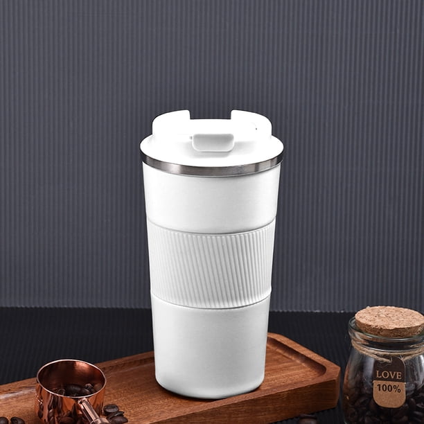Taza de viaje de acero inoxidable con cubierta de cuero, taza de café aislada de 15 oz, tapa abatible a prueba de fugas, 12 horas caliente/fría, vaso de negocios portátil para hombres y mujeres