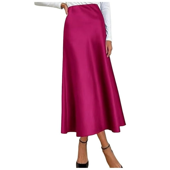 Bibifish Womens Skirts Elegant Satin Midi Skirts Solid Color Elastic Waist Elegant Flared Skirts Trendy Ladies Flowy Midi Skirts