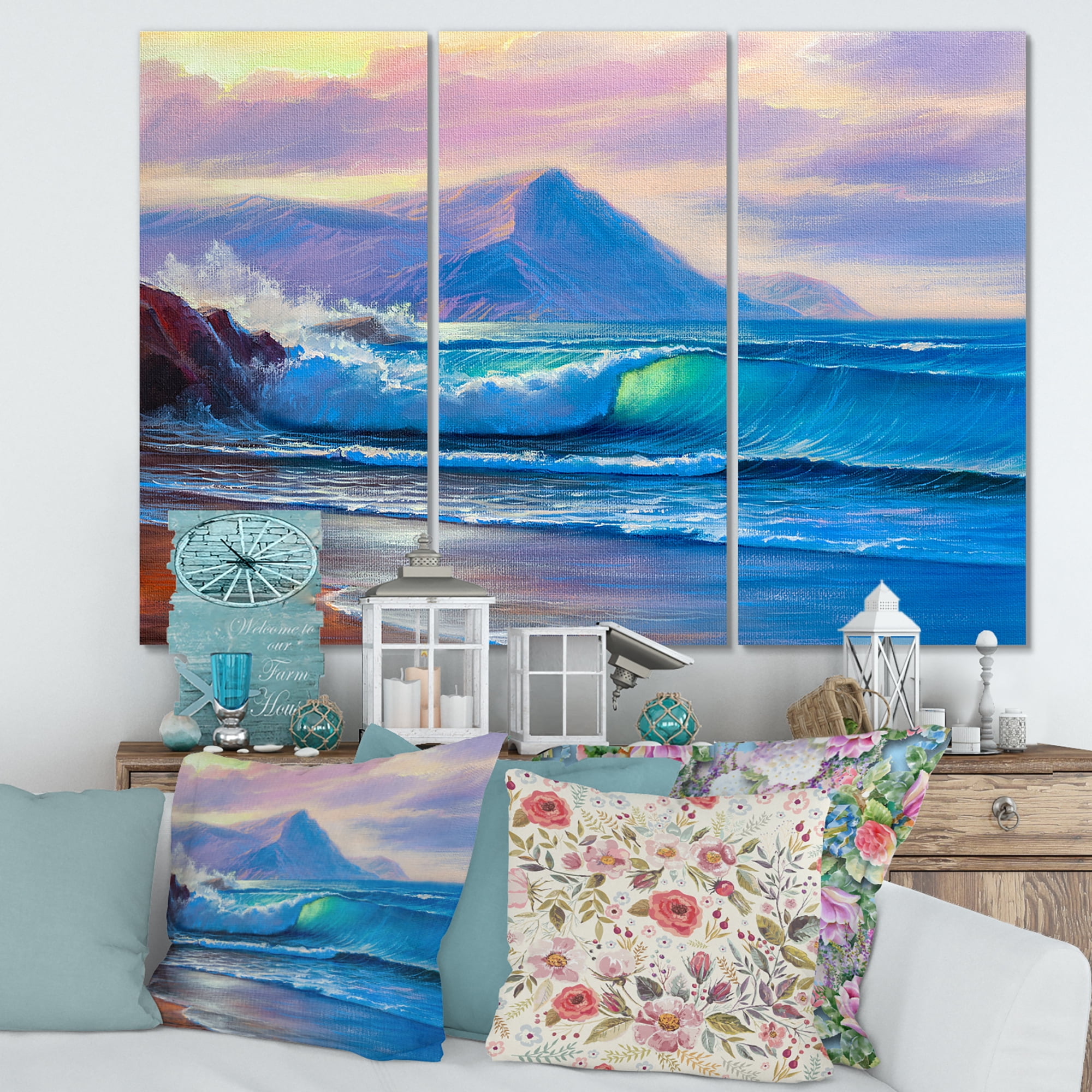 Designart ' Blue Waves Breaking At The Beach Landscape I ' Nautical & Coastal Canvas Wall Art Print