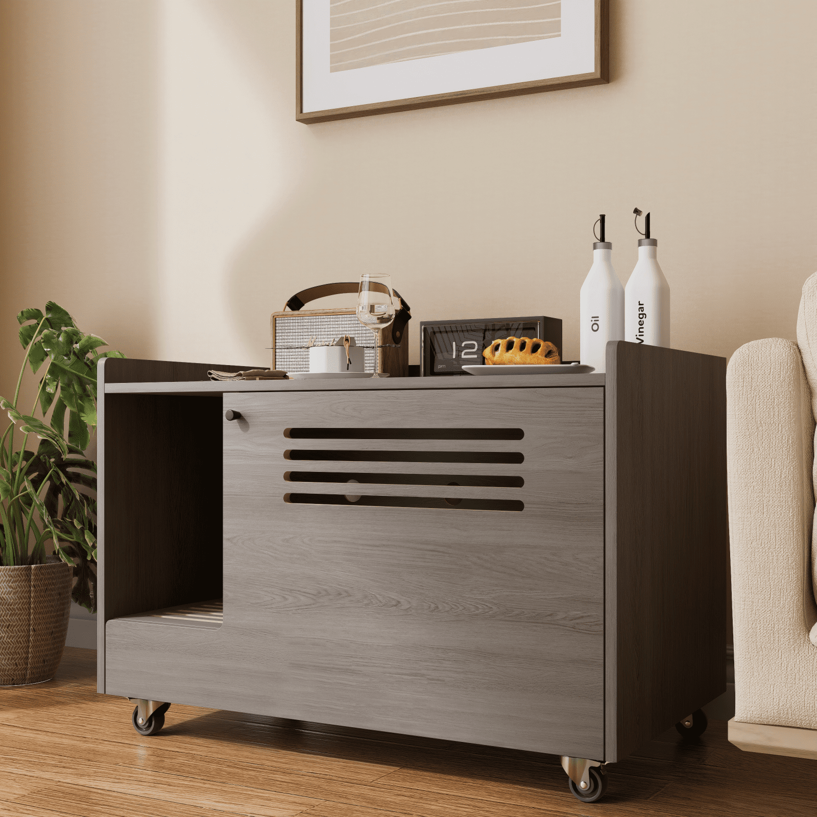 Dog Bed Gray Cat Litter Box Enclosure,Hidden Litter Box Furniture with top side fence,Wooden Pet House Side End Table, Storage Cabinet Bench for Living Room,,Bedroom, Fit Most of Litter Box,Orthopedi