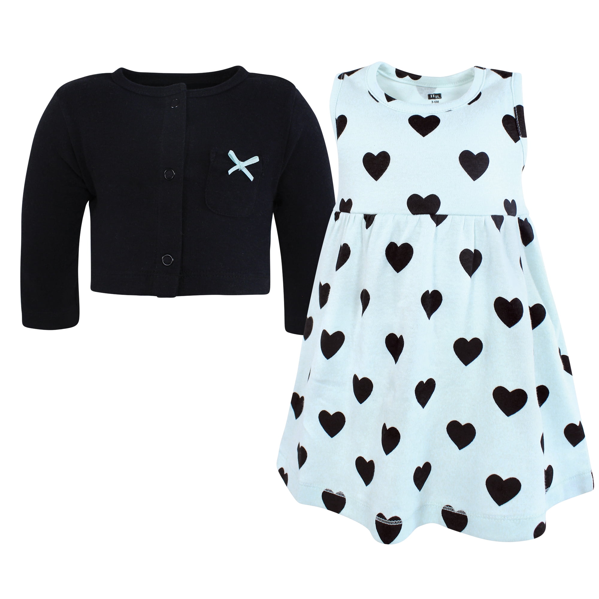Hudson Baby Infant and Toddler Girls Cotton Dress and Cardigan Set, Mint Black Heart, 6-9 Months