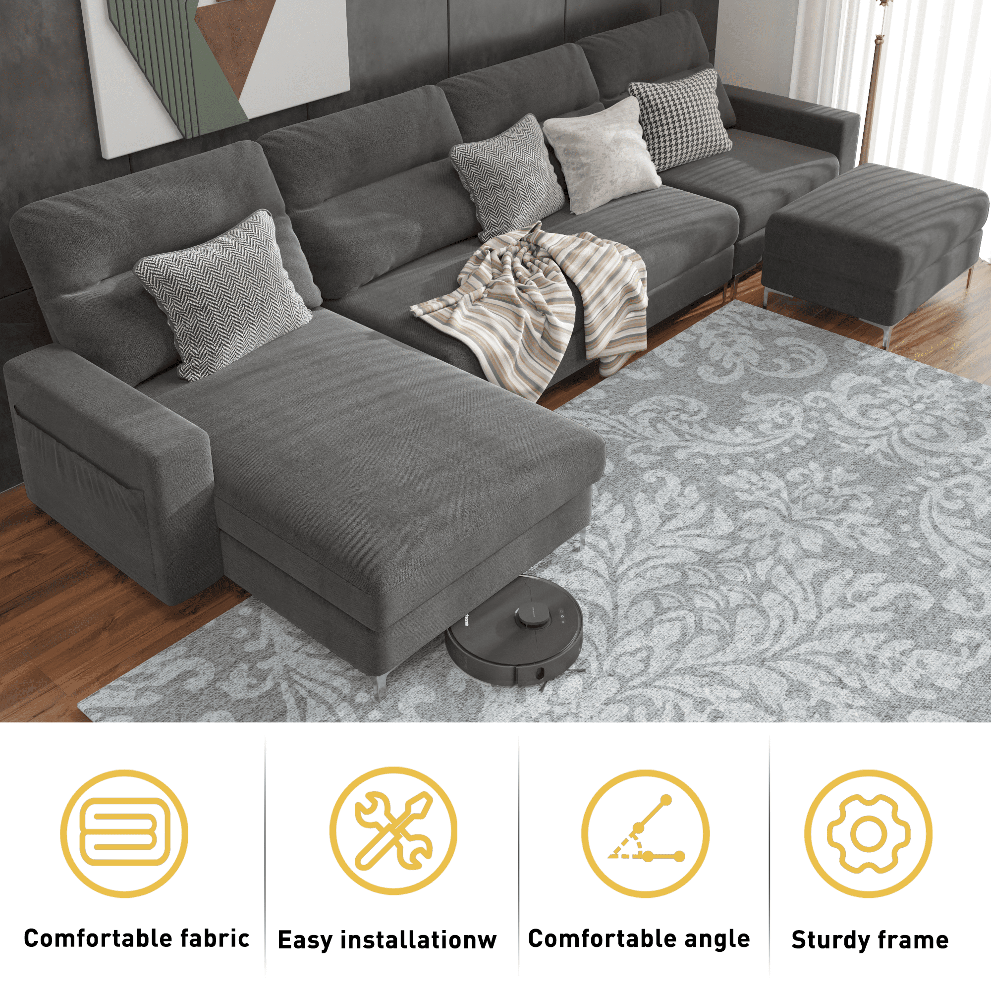 Homall U-Shaped Sofa with Upholstered Stool Convertible Combination Sofa Linen Upholstered Sofa with Metal Upholstered Legs Living Room Furniture,Grey