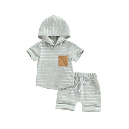 

Tsseiatte Baby Boys Summer Outfits Stripes Short Sleeve Hooded Sweatshirt and Drawstring Shorts Set