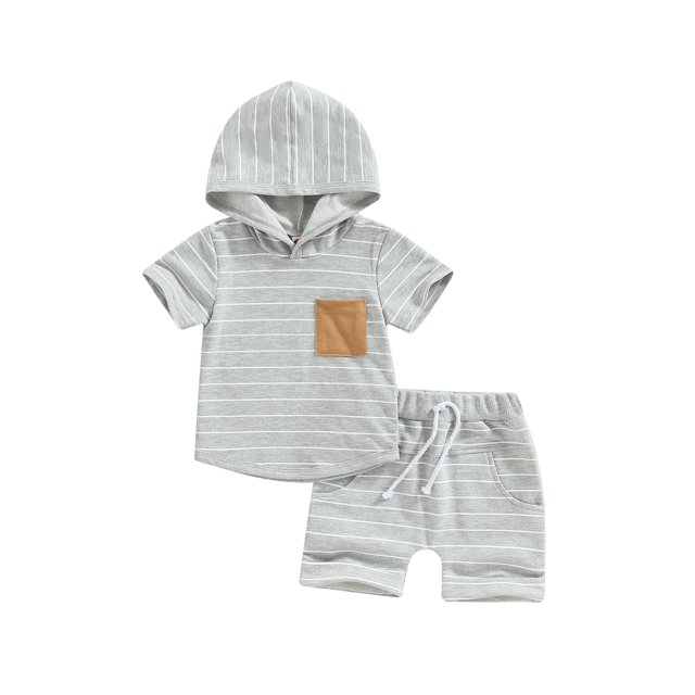 ZAXARRA Ensemble d'Été pour Bébés Garçons, Sweat à Capuche à Manches Courtes à Rayures et Shorts Décontractés à Cordon Élastique