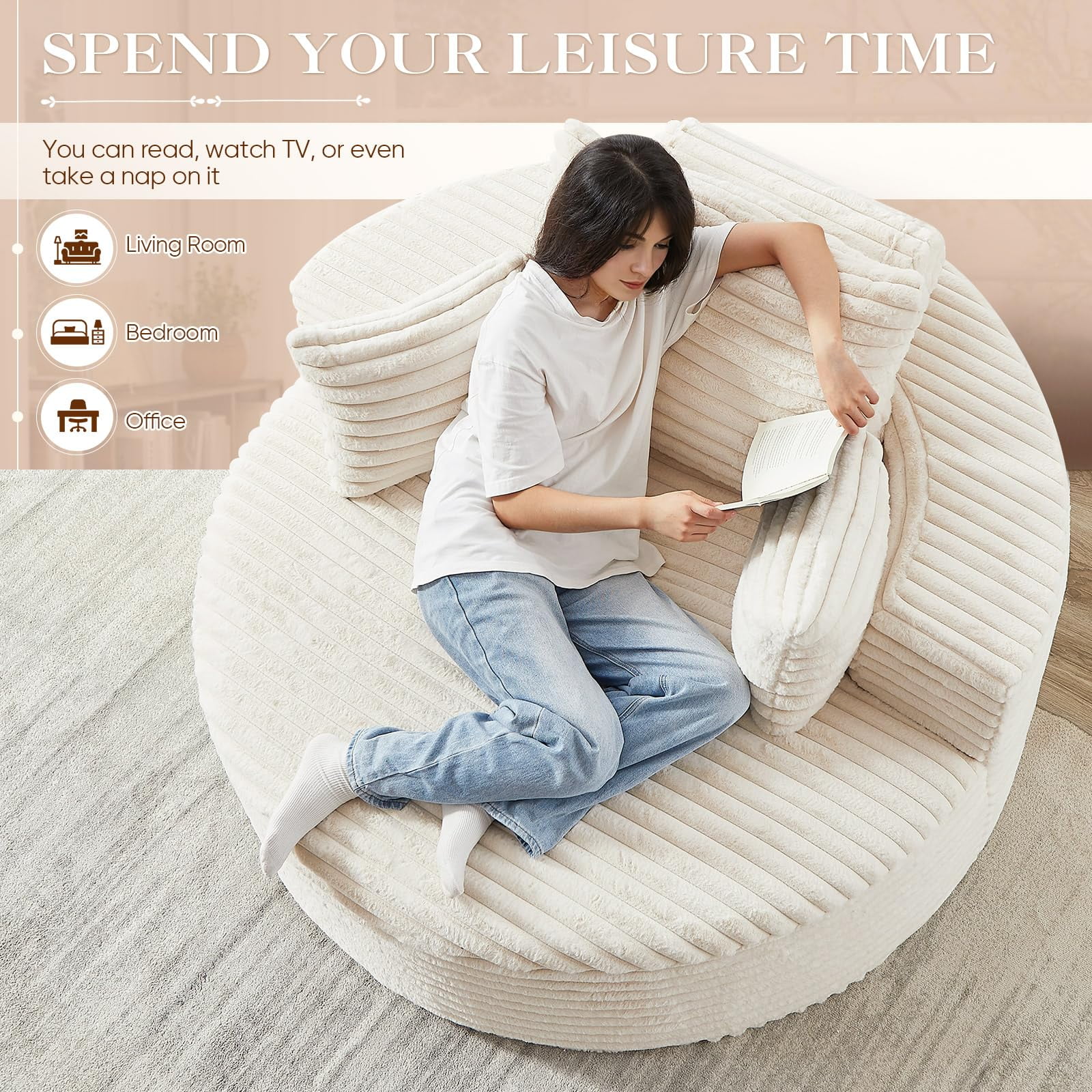 Aukfa 55" Oversized Round Chaise Lounge Chair Indoor, Corduroy Upholstered Sleeper Chair with Deep Seat & Pillows, Beige