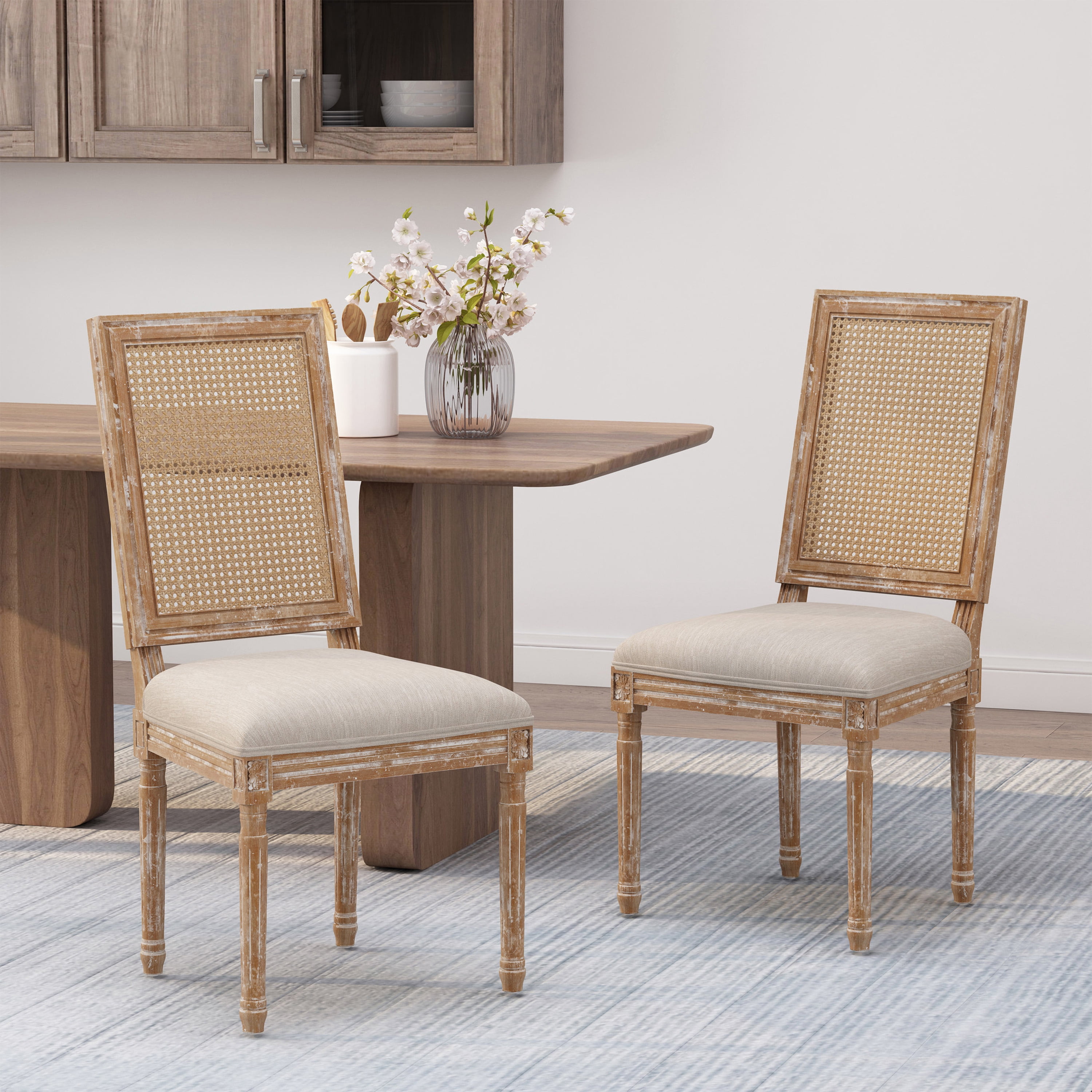 Euroco Set of 2 French Country Dining Chairs with Cane Backrest, Upholstered Seat, and Weathered Rubberwood Frame, Vintage Farmhouse Side Chairs