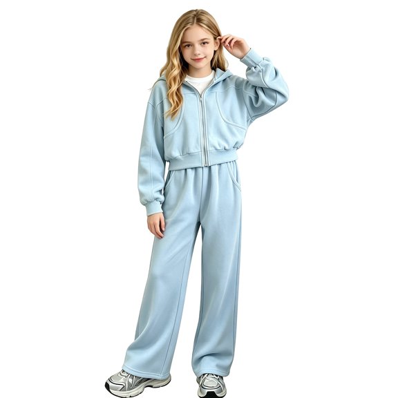 Boys Girls Sweatsuit 2 Pcs Outfits Zip Up Hoodie & Wide Leg Sweatpants Tracksuit Loose Fit Jogger Sets Fall Winter Sportswear