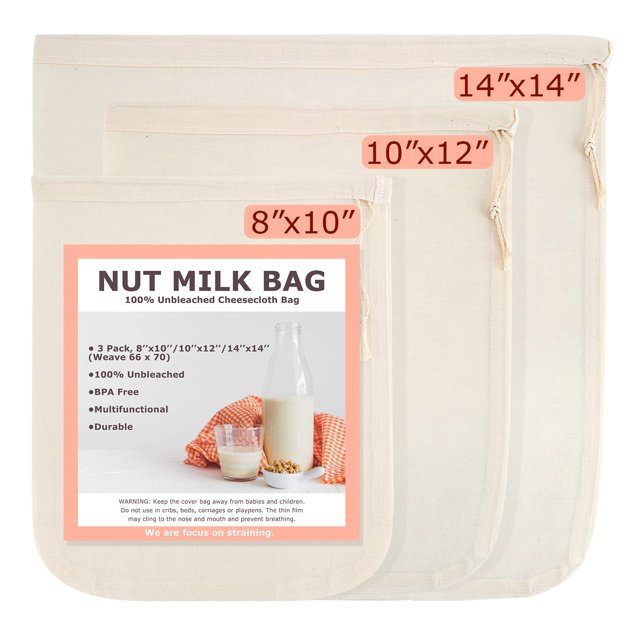 Bolsas de leche de nueces, todas las bolsas de gasa naturales, 8 x 10 pulgadas, 10 x 12 pulgadas, 14 x 14 pulgadas, 3 unidades, 100 % bolsas de tela de algodón sin blanquear para yogur/jugo