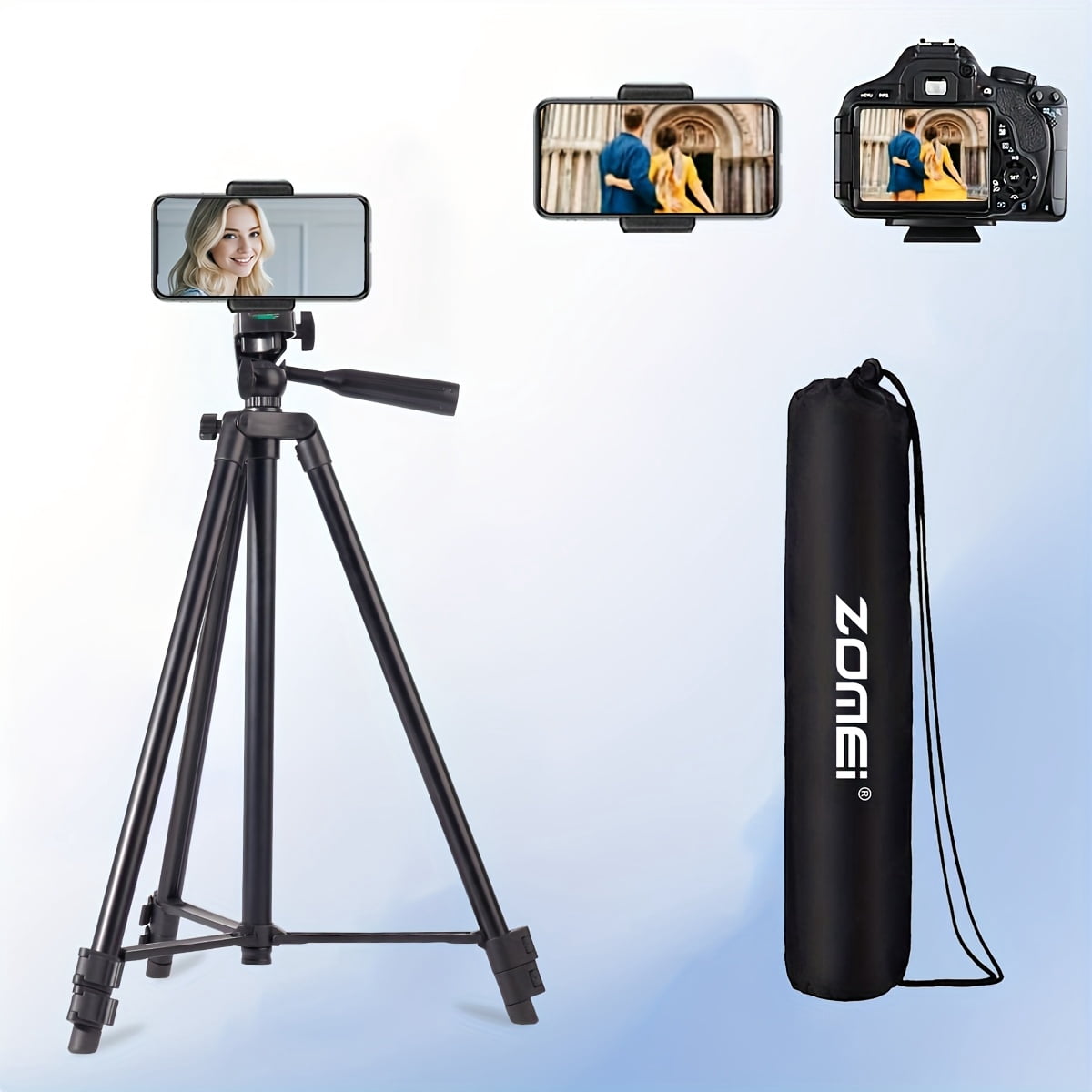 Professional Mobile & Camera Tripod - Dual-Use Travel Stand for iPhone, Android, Mirrorless and Action Cameras, Portable Handbag, Black