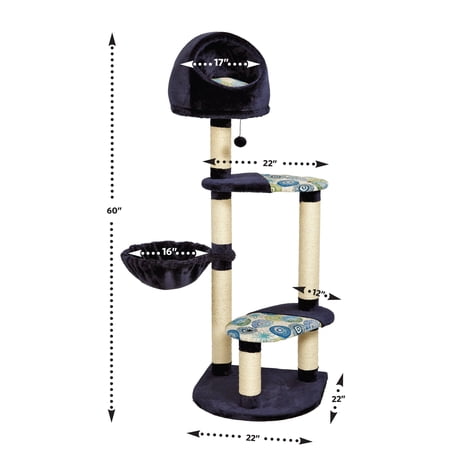 Cat Tree | "Resort" Cat Tree / Cat Furniture, 4-Tier Cat Tree w/ Sisal Wrapped Cat Scratching Support Posts, Hanging Cat Bunker Bed & High Canopy Cat Perch, Blue / White Pattern, Large Cat Tree - Image 2