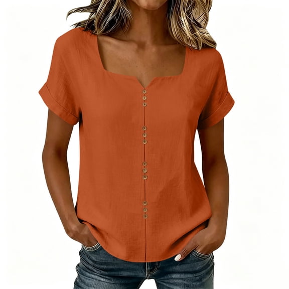 Sevevn Women's Partial Button Front Cotton Blend Shirt Notched Square Neck Cuffed Sleeve Relaxed Fit Summer Blouse Orange S