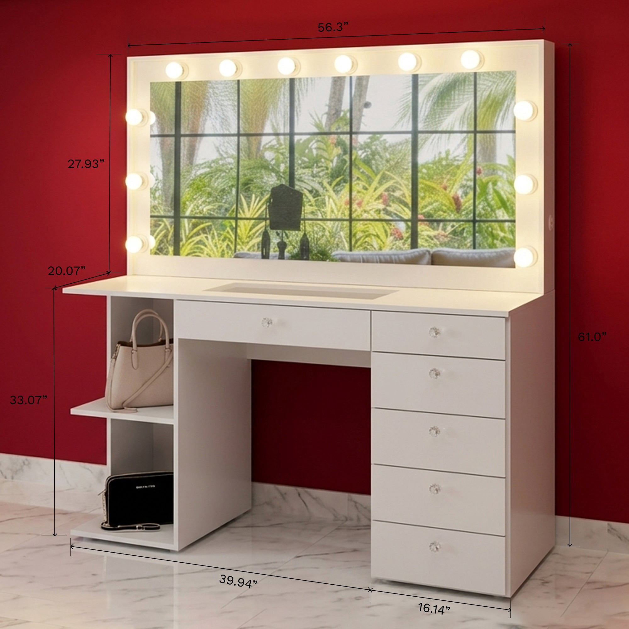 Boahaus Verona Large Vanity Desk with Mirror and Lights – 6 Drawer Makeup Vanity Table with 2 Open Shelves and Built-in Power Outlet
