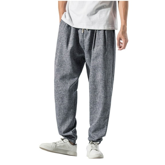 Dagegui Casual Pants for Men Cotton Linen Stretch Waist Harem Pant Loose Fit Elastic Bottom Jogger Trousers with Drawstring & Pockets Time Limited Offer Gray M
