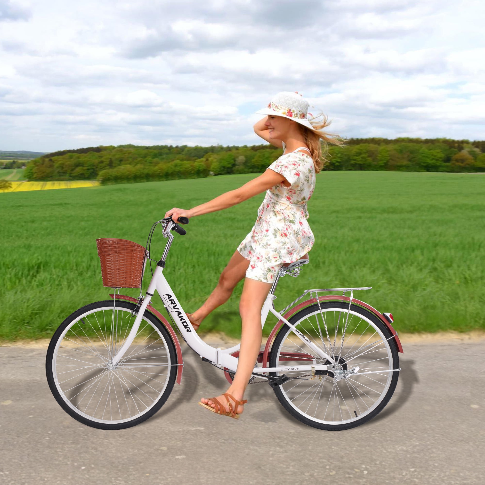 ARVAKOR 26 Inch Women's Bike with Foldable Frame and Basket, Classic Bicycle Retro Bicycle, Cruiser Bike, White