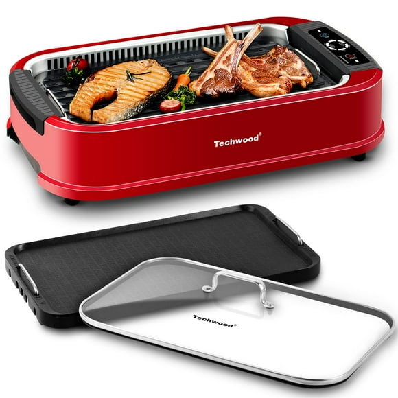 Techwood Gril Intérieur Sans Fumée 1500 W – Plaques de Gril et Plaque Antiadhésives 2?en?1, Contrôle de la Température à 6?Niveaux, Couvercle en Verre Trempé, BBQ Coréen Portable