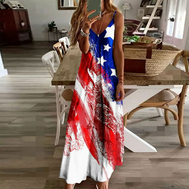 Dvkptbk 4th of July Dress For Women American Flag Sleeveless Maxi Dress V  Neck Loose Sundress - Summer Savings Clearance 