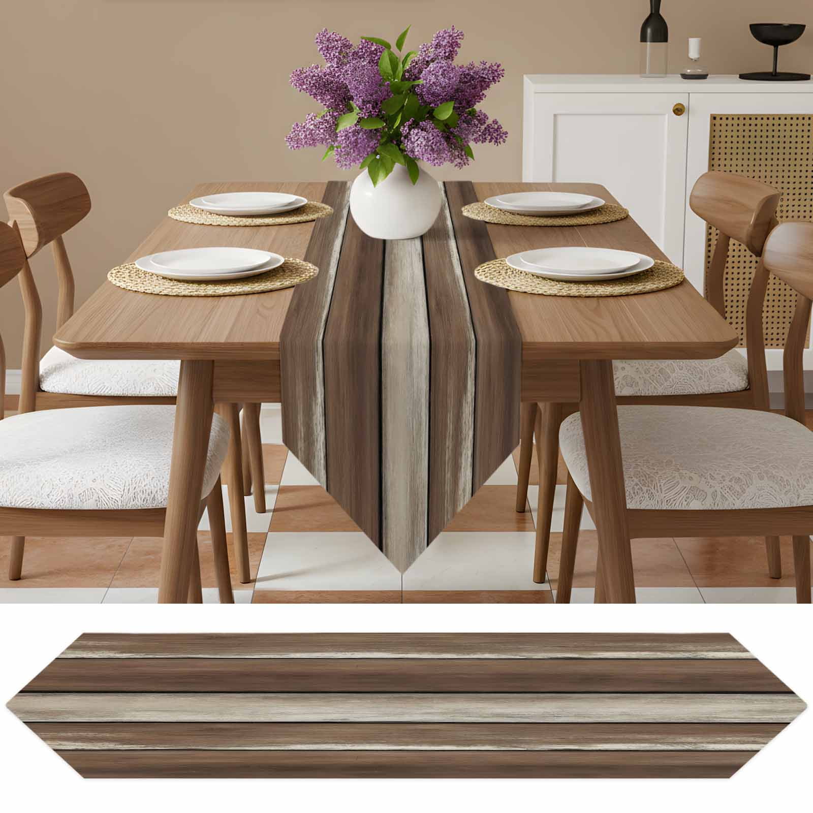 Table Runners 72 Inches Long, Brown Beige Wooden Cotton Linen Kitchen Dining Coffee Table Runner for Party Home Decor, Vintage Farmhouse Retro Art Tabletop Dresser Scarves Runner Decor 16x72 Inch