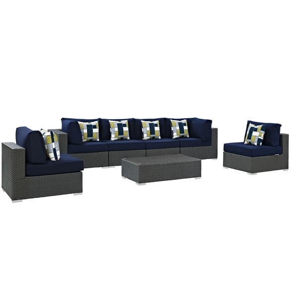 Modern Contemporary Urban Design Outdoor Patio Balcony Seven PCS Sectional Sofa Set, Navy Blue, Rattan