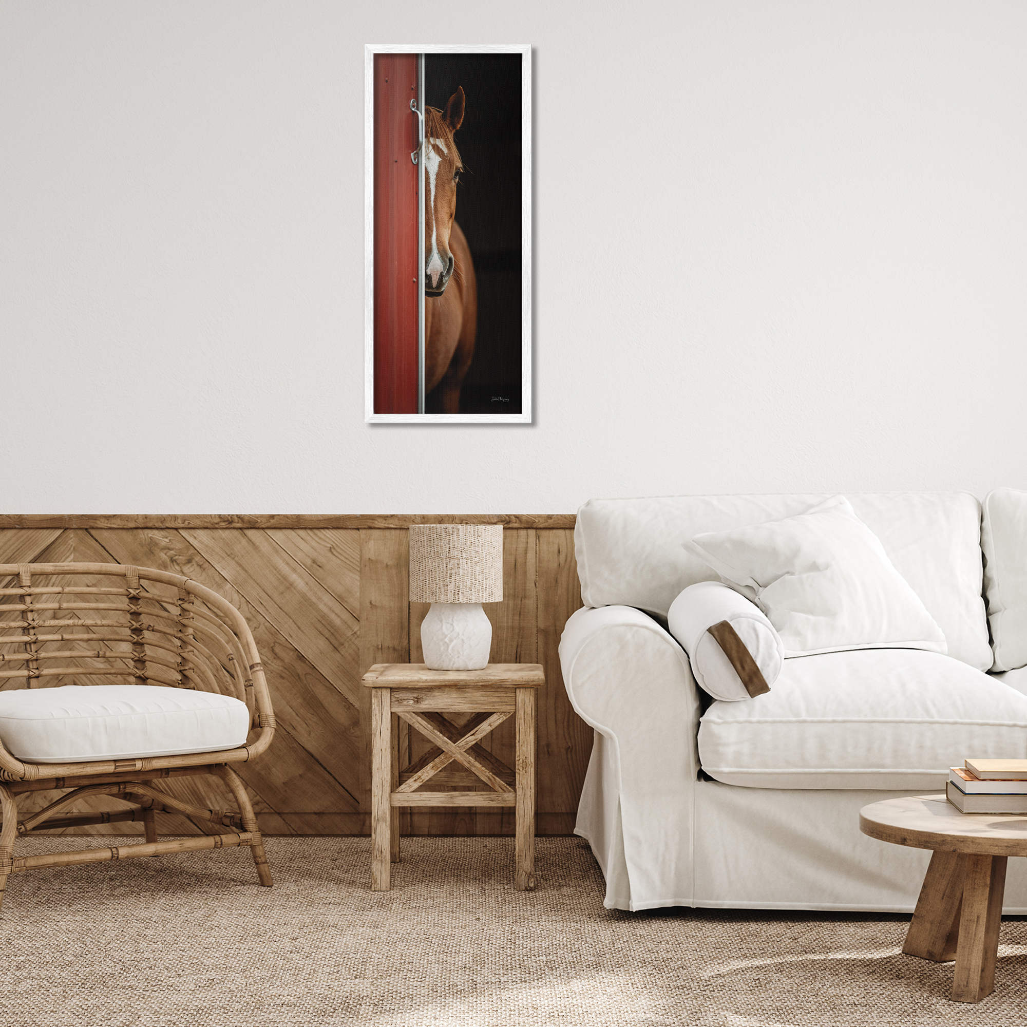 Stupell Industries Brown Stallion Peeking Animals & Insects Photography White Framed Art Print Wall Art, 13 x 30