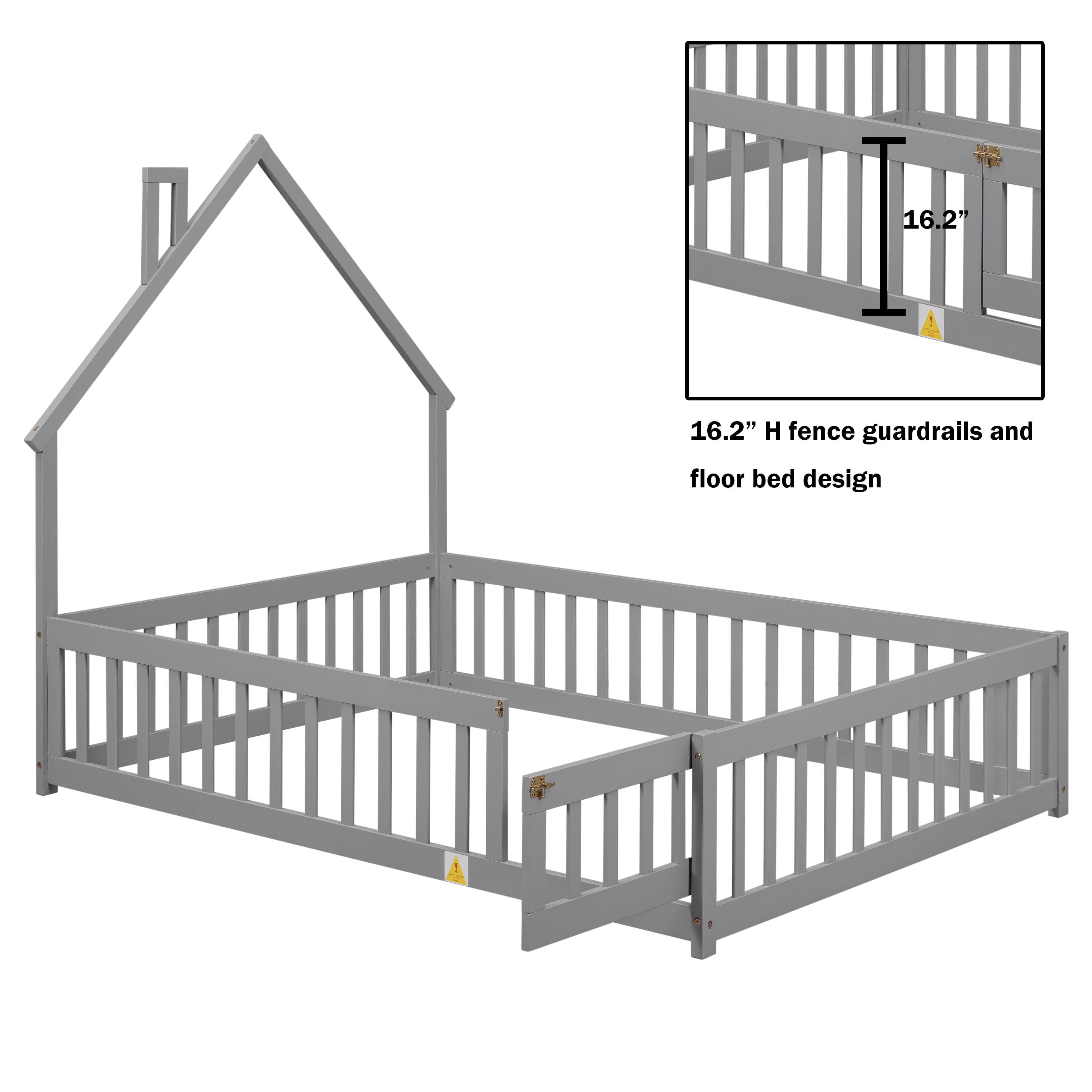 Bellemave Full Size Floor Bed with House-shaped Headboard and Fence Full Wood Floor Bed Frame with Guardrails and Door Montessori House Bed, Gray