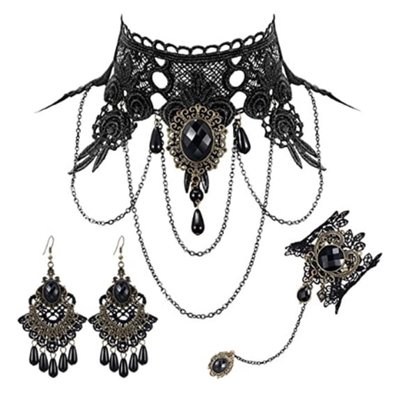 Sofullue Vintage Black Gothic Bracelet Choker Necklace Earrings Set for Halloween