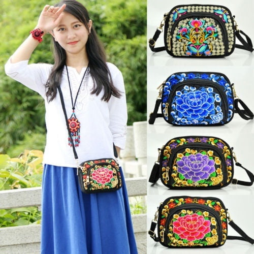 Women Ladies Embroidery Shoulder Bag Satchel Travel Waist Bag Cell Phone Purse 
