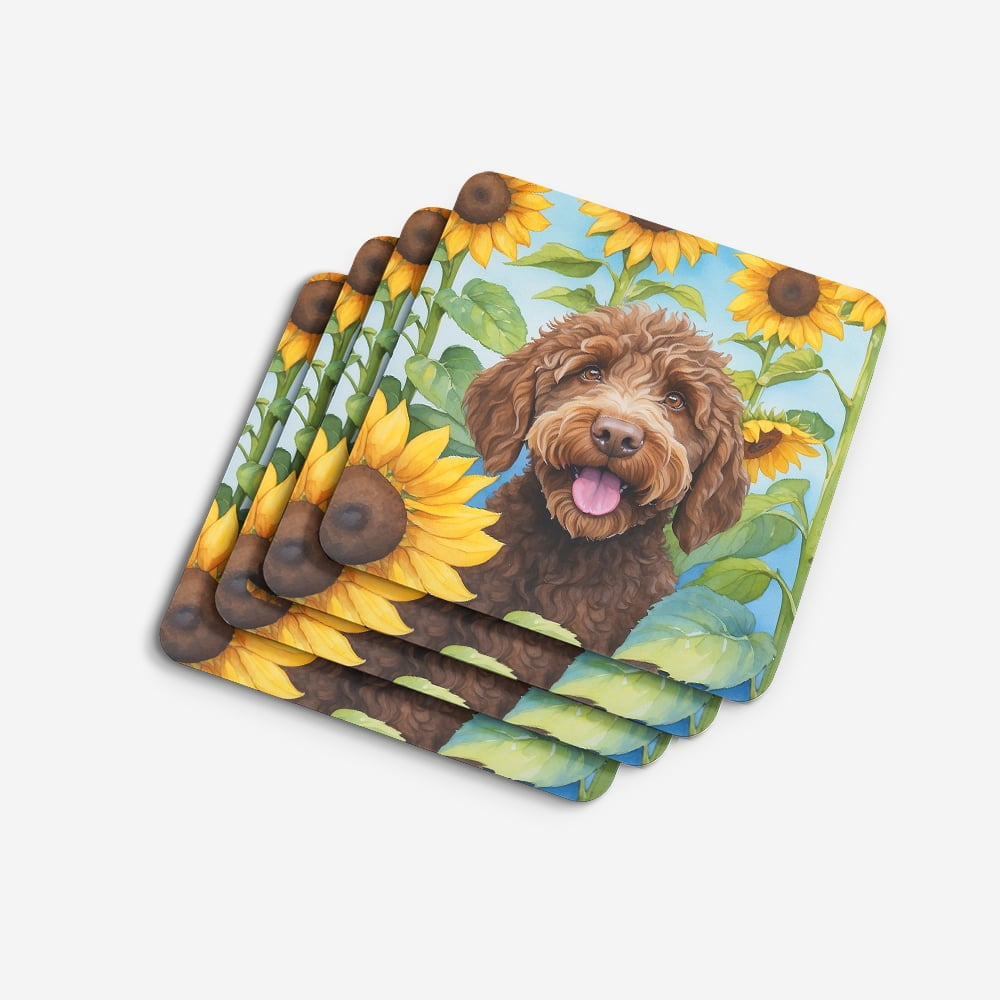 Labradoodle in Sunflowers Foam Coasters 3.5 in x 3.5 in