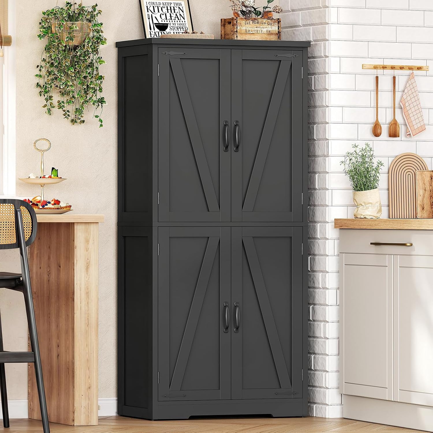 58" H Storage Cabinet with Adjustable Shelf, Farmhouse Kitchen Pantry Cabinet, Bathroom Cabinet with 4 Doors, Cupboard for Kitchen, Bathroom, Living Room