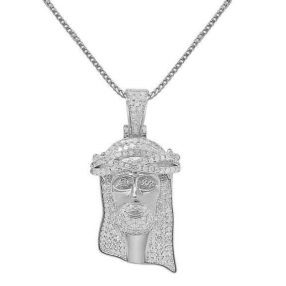 Real Genuine Diamond 1.00 Cwt. Jesus Face Piece 10K White Gold Pendent Charm Chain Set 1.65''