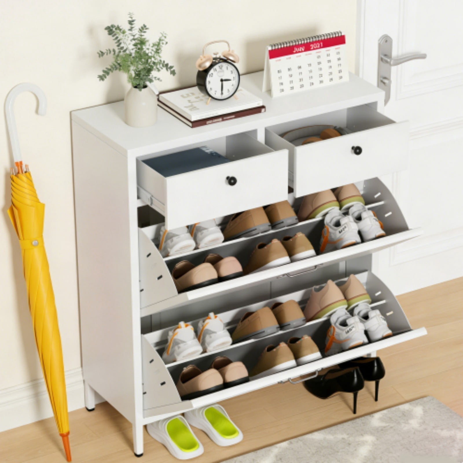 Metal Shoe Cabinet with 2 Flip Drawers & 2 Upper Drawers, Slim Entryway Storage Cabinet with Anti-Tip Device, Freestanding Hallway Shoe Organizer for Small Space, White