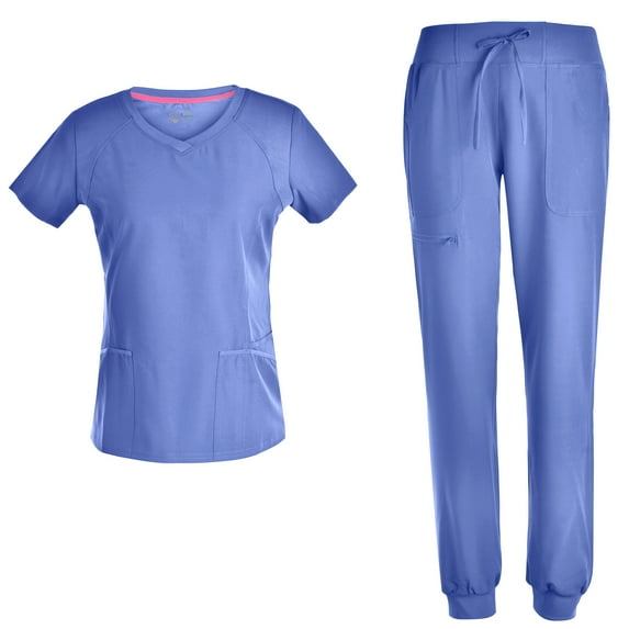 Stretch Women Nursing Scrubs Set - V Neck Fashion Rib Scrubs Medical Uniforms Top Pants PS1116 CEILBLUE XS