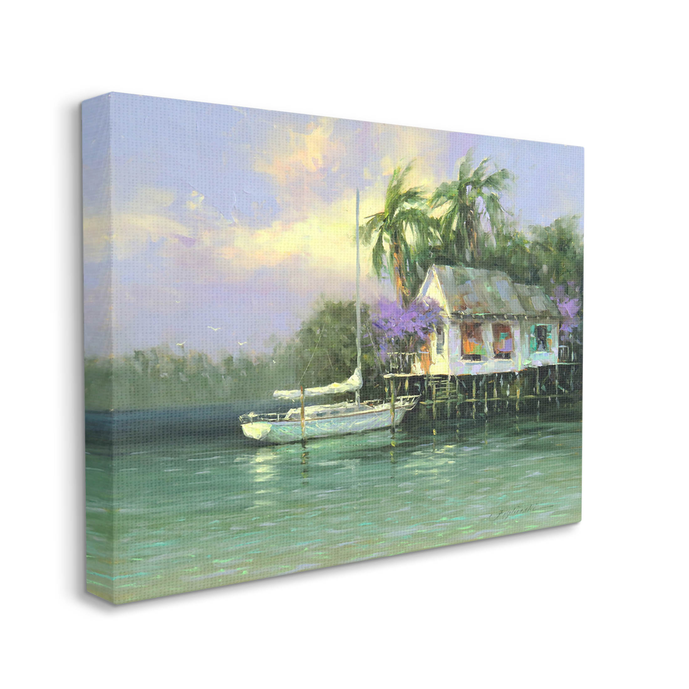 Summer Ocean Pier Palm Trees Landscape Painting Gallery Wrapped Canvas Print Wall Art