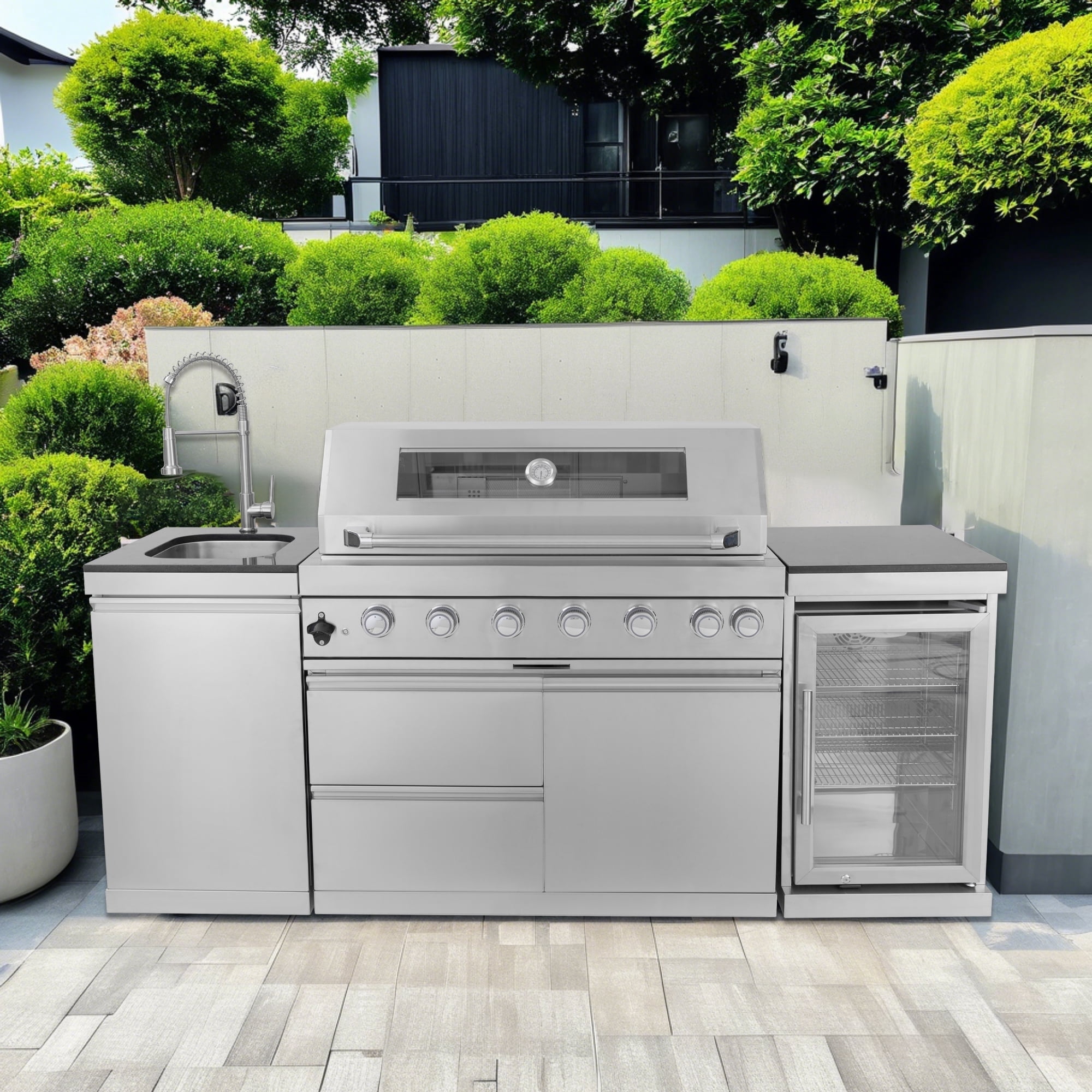 Daheat Stainless Steel Modular Outdoor Kitchen Gas Grill Island with 6-Burner 85000 BTU Grill, Wine Cooler, Fridge, Rotisserie, Granite Top & Storage