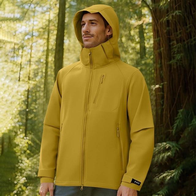 Pisexur Jackets for Men Comfortable Coats for Men Man Solid Color Windproof Water Prooft Zipper Pocket Drawstring Hooded Outdoor Jacket Coat Yellow,2XL