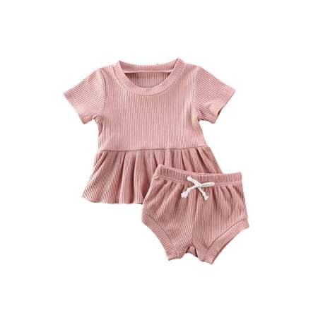 

Infant Girls Solid Color Clothes Set Ruffle Hem Tops+Drawstring Shorts