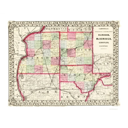 Historic County Map - Hancock Mcdonough Schuyler Counties Illinois - Campbell 1870
