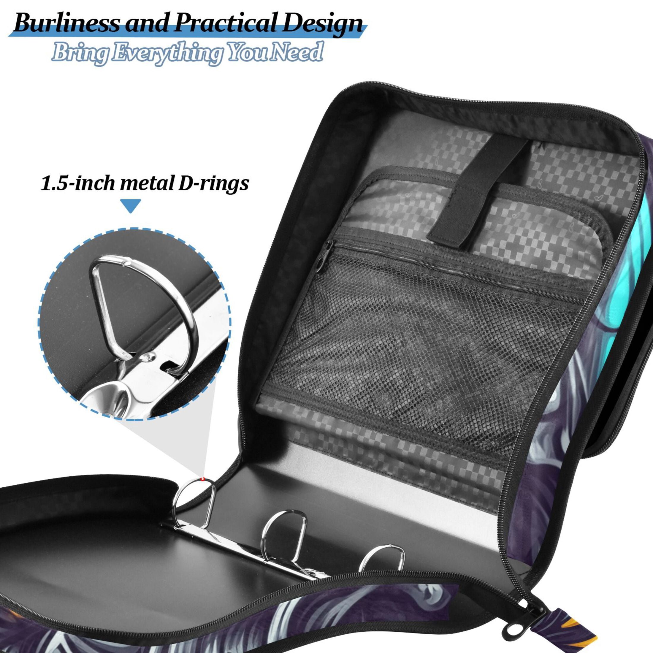 3 Ring Zipper Binder with Shoulder Strap Waterproof Trapper Keeper 2 Inch D-Ring 500 Sheets Capacity Fierce Fire and Smoke
