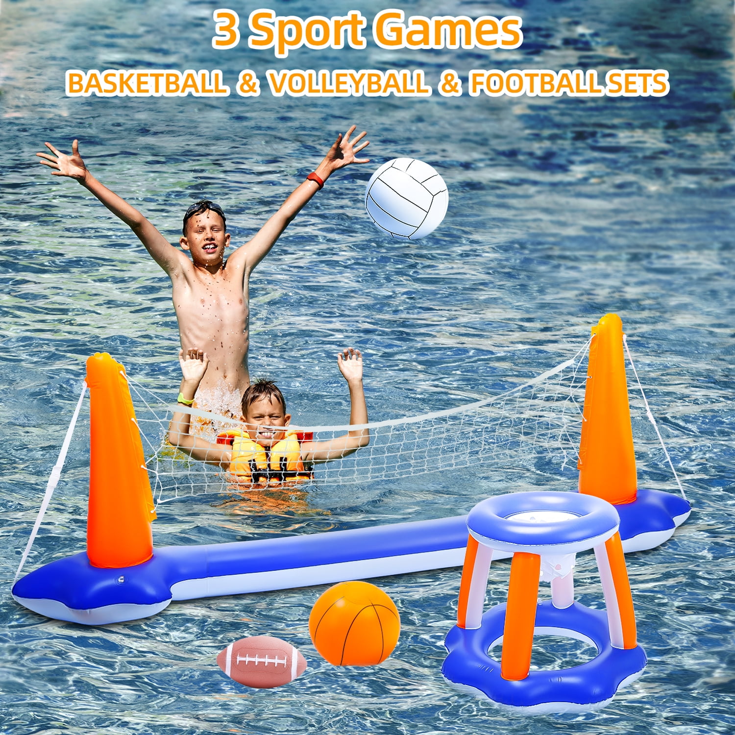 JoyStone Inflatable Pool Toys, 2-in-1 Swimming Pool Basketball & Volleyball Sets, Floating Basketball Hoop and Water Football, Summer Pool Game for Kids and Adults