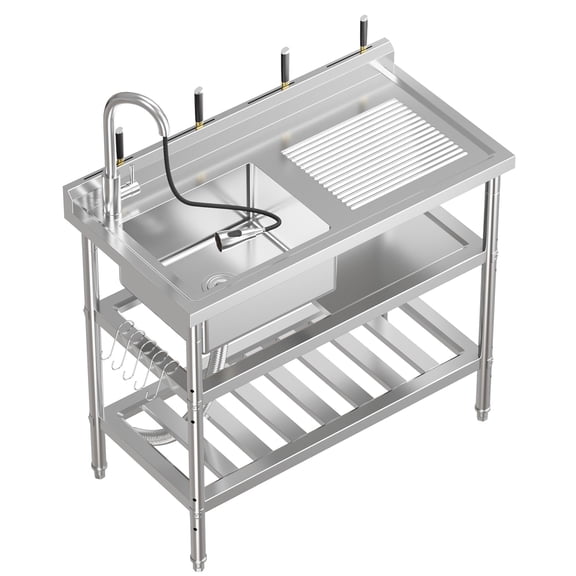Commercial Stainless Steel Utility Sink Freestanding Single Bowl with Pull-Down Hot & Cold Faucet, Built-In Washboard, Indoor & Outdoor Use