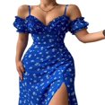 thumbnail image 2 of Femmes Casual Côté Divisé Robe Florale/solide Manches Bouffantes Lacets Bas Coupe Slim Plage Robes d'Été Sans Manches Robes, 2 of 5