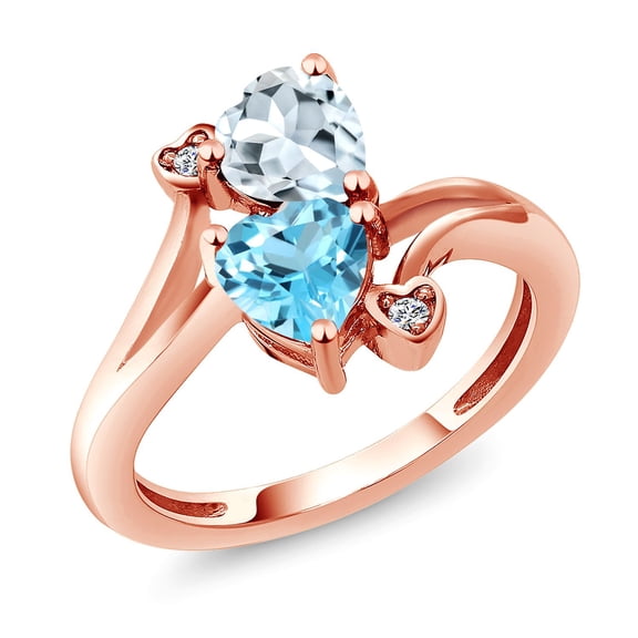 Gem Stone King 18K Rose Gold Plated Silver Sky Blue Aquamarine Swiss Blue Topaz and White Moissanite Ring for Women (1.71 Cttw, Heart Shape 6MM, Gemstone March Birthstone, Size 6)