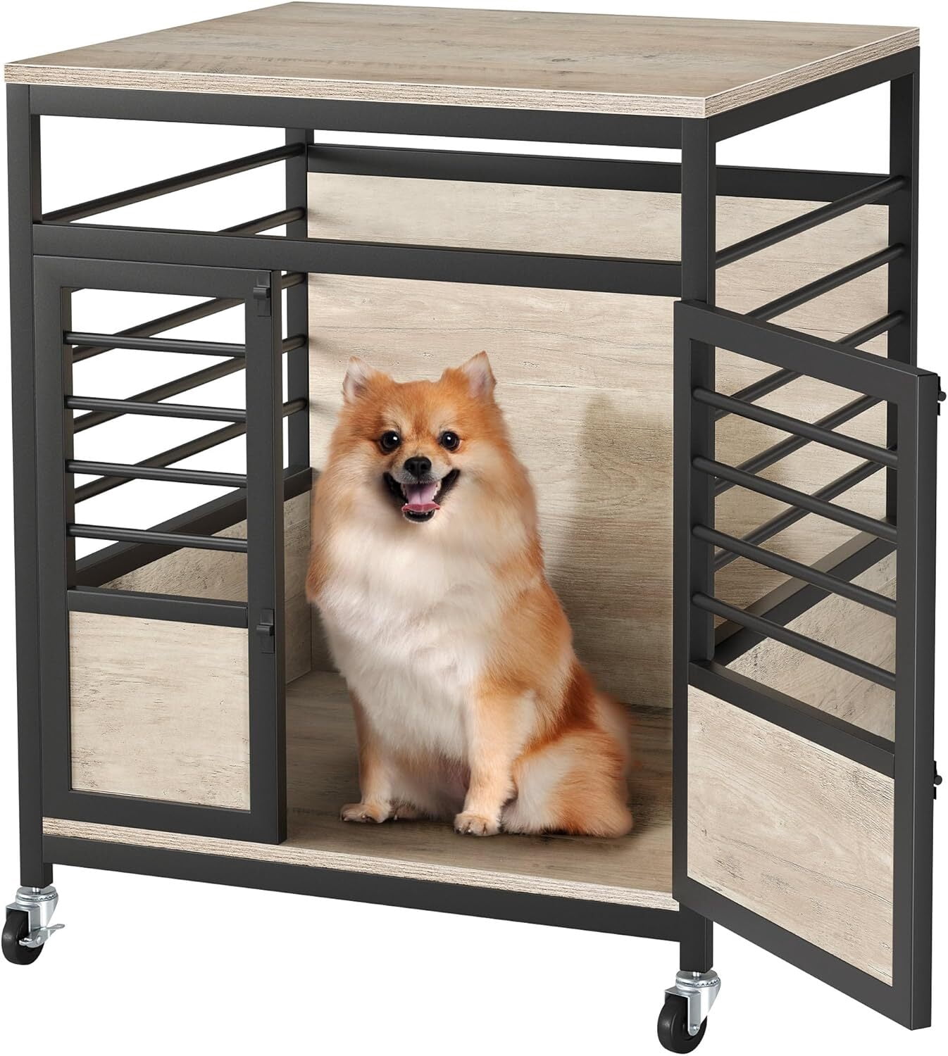 Uforic 23.6" Dog Crate Furniture Wooden Dog House with Wheels, Dog Kennel Indoor for Small Medium Dogs - Brown & Black
