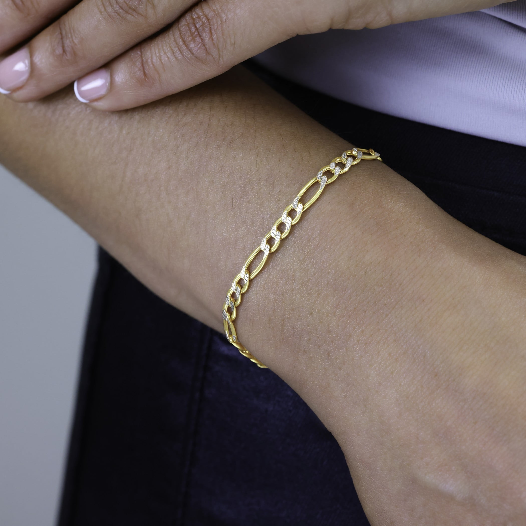 Nuragold 10k Real Yellow Gold Figaro Link 4.5mm Diamond Cut Two Tone Pave Chain Bracelet (7"-9") Italian Jewelry for Men & Women